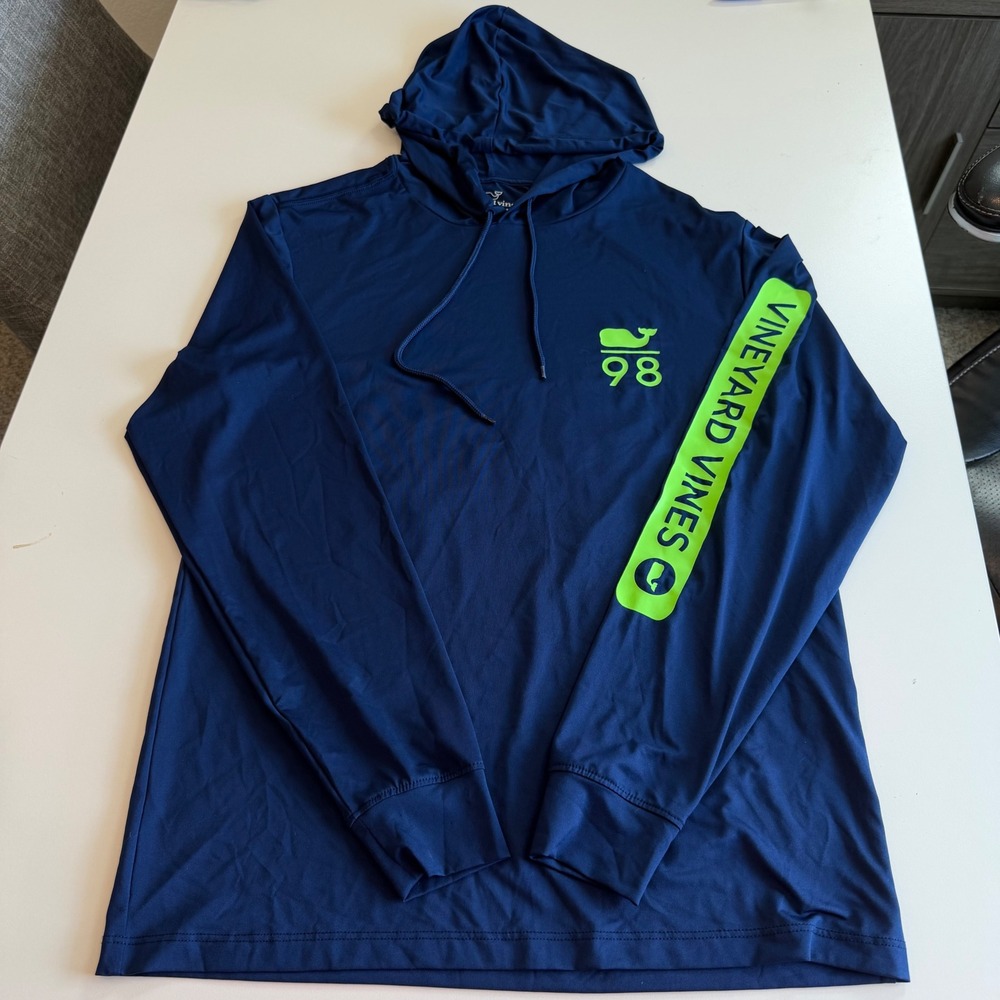 Vineyard Vines Performance Hoodie‎ Navy Blue Neon Green Logo Mens XS Long Sleeve